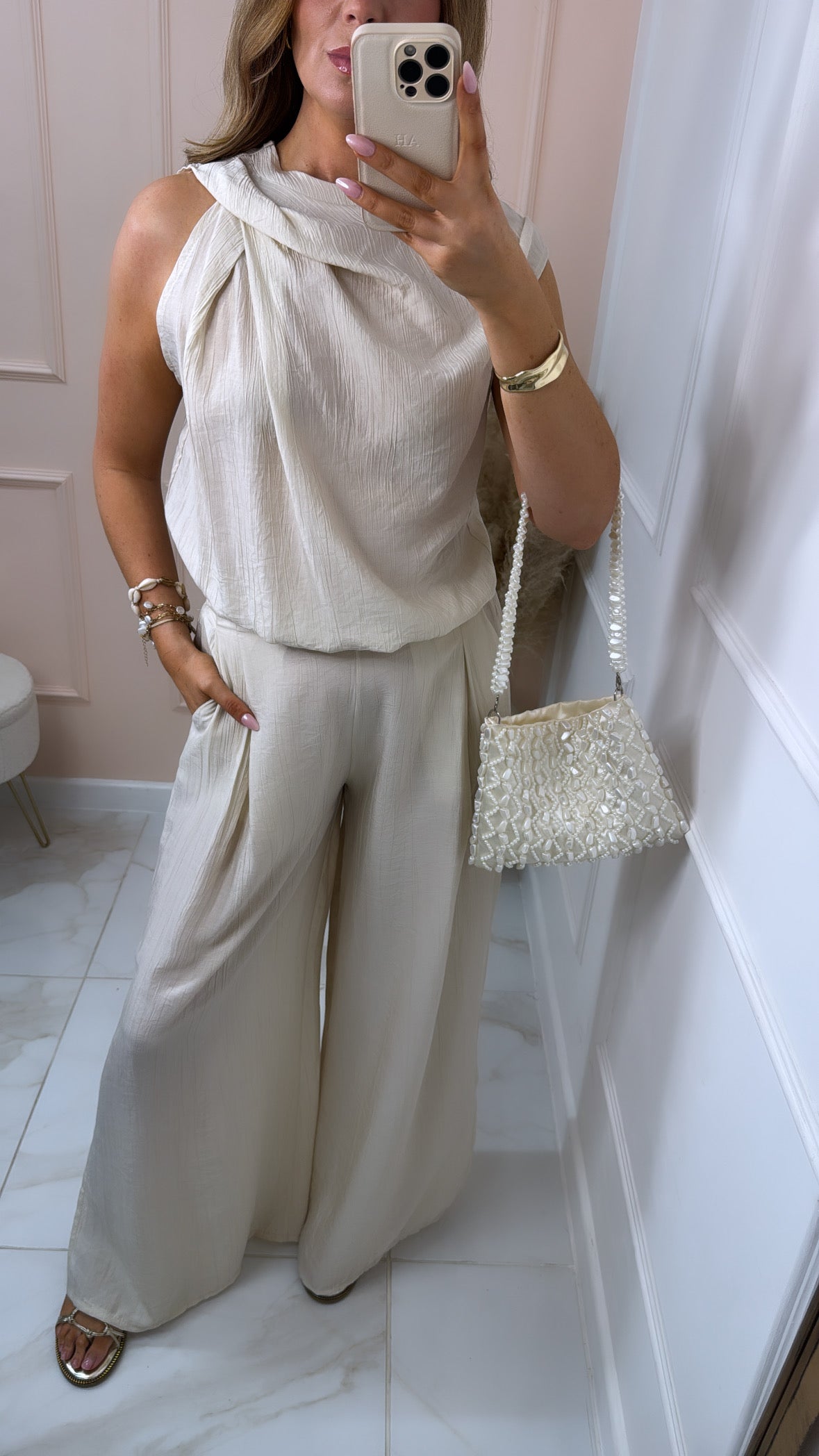 MAEVE beige gathered detail trouser set