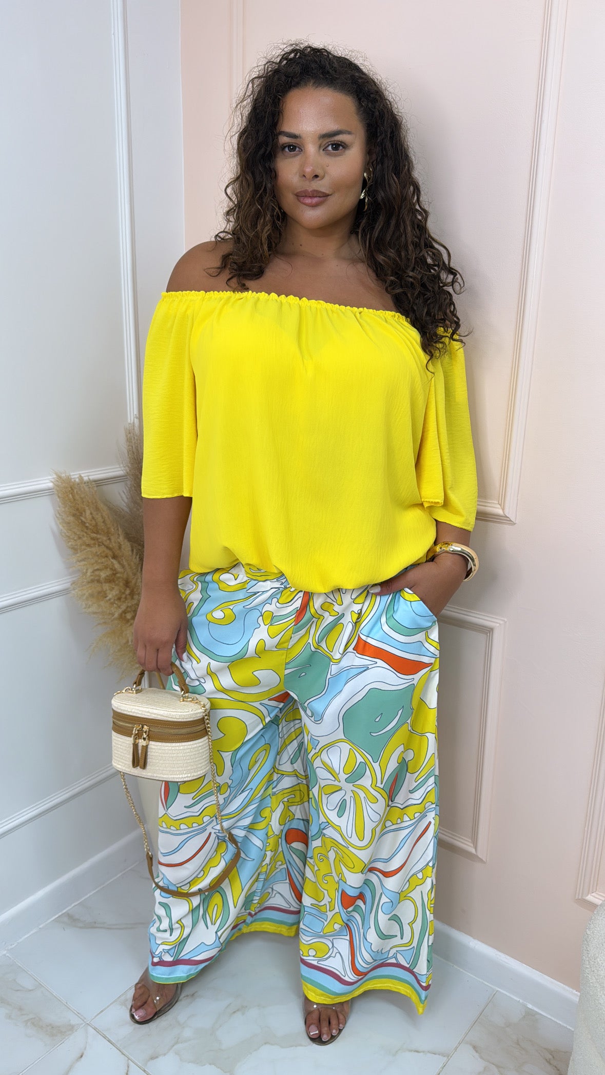 CARA yellow printed bardot trouser set