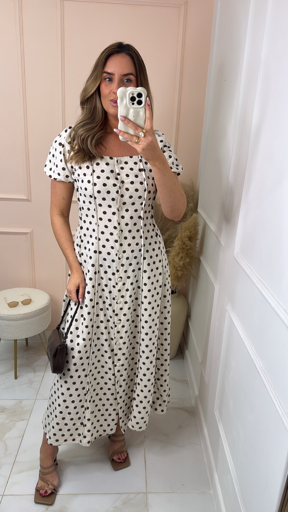 LILLIAN brown linen polka dot puff sleeve dress