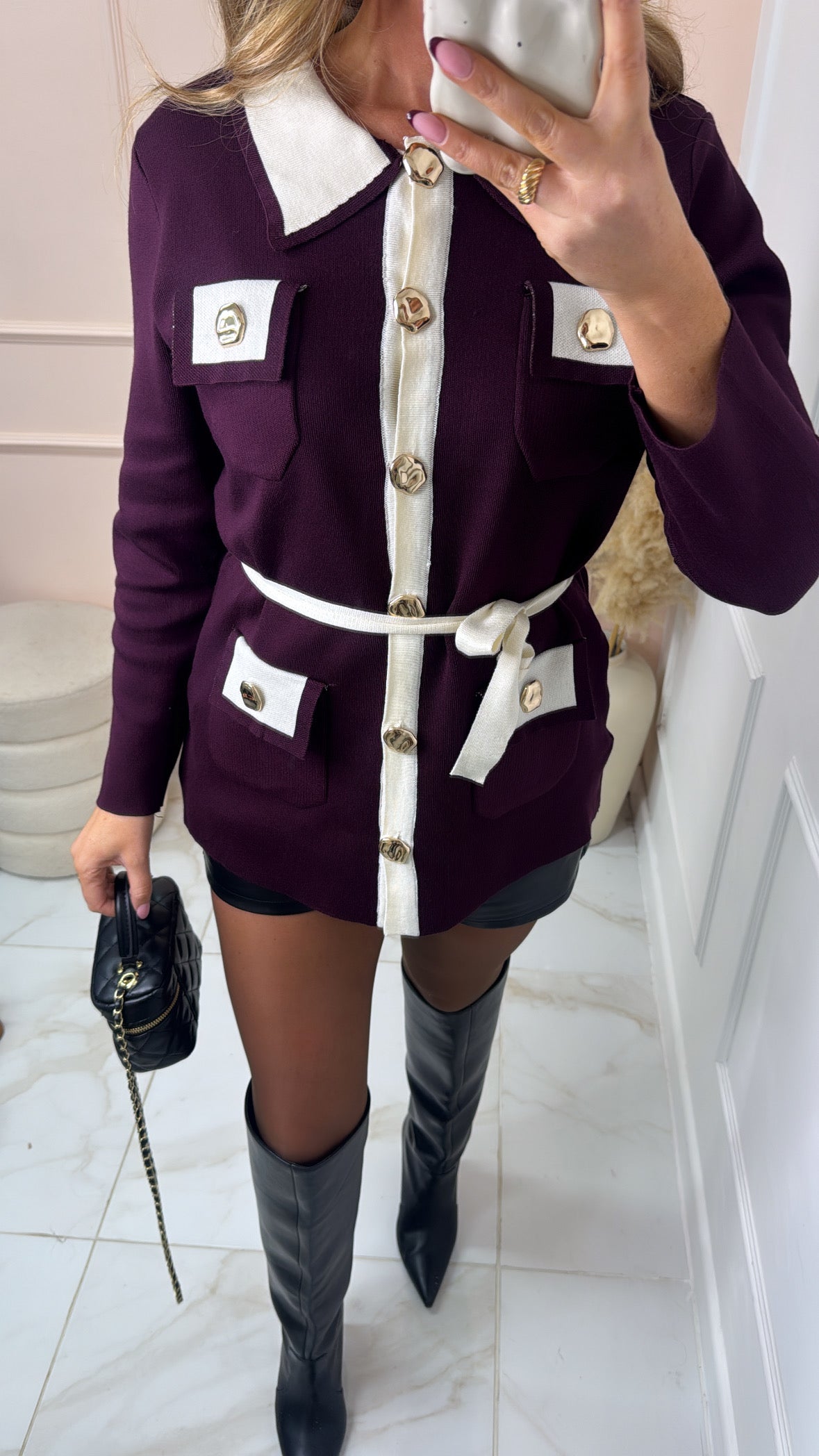 LIBBIE burgundy belted knit cardigan