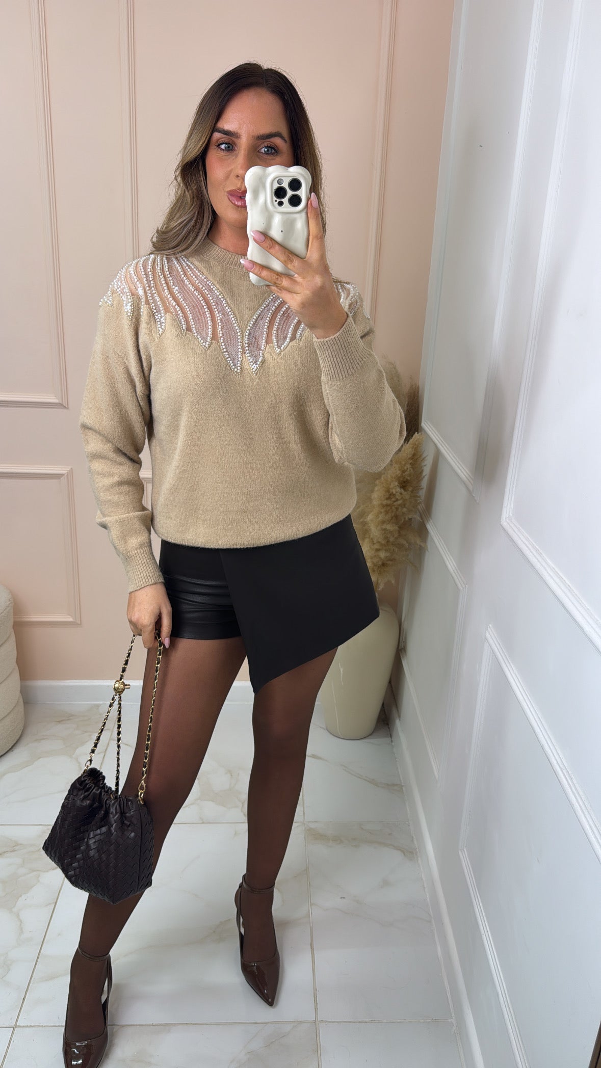 NIKKI beige embellished soft knit jumper