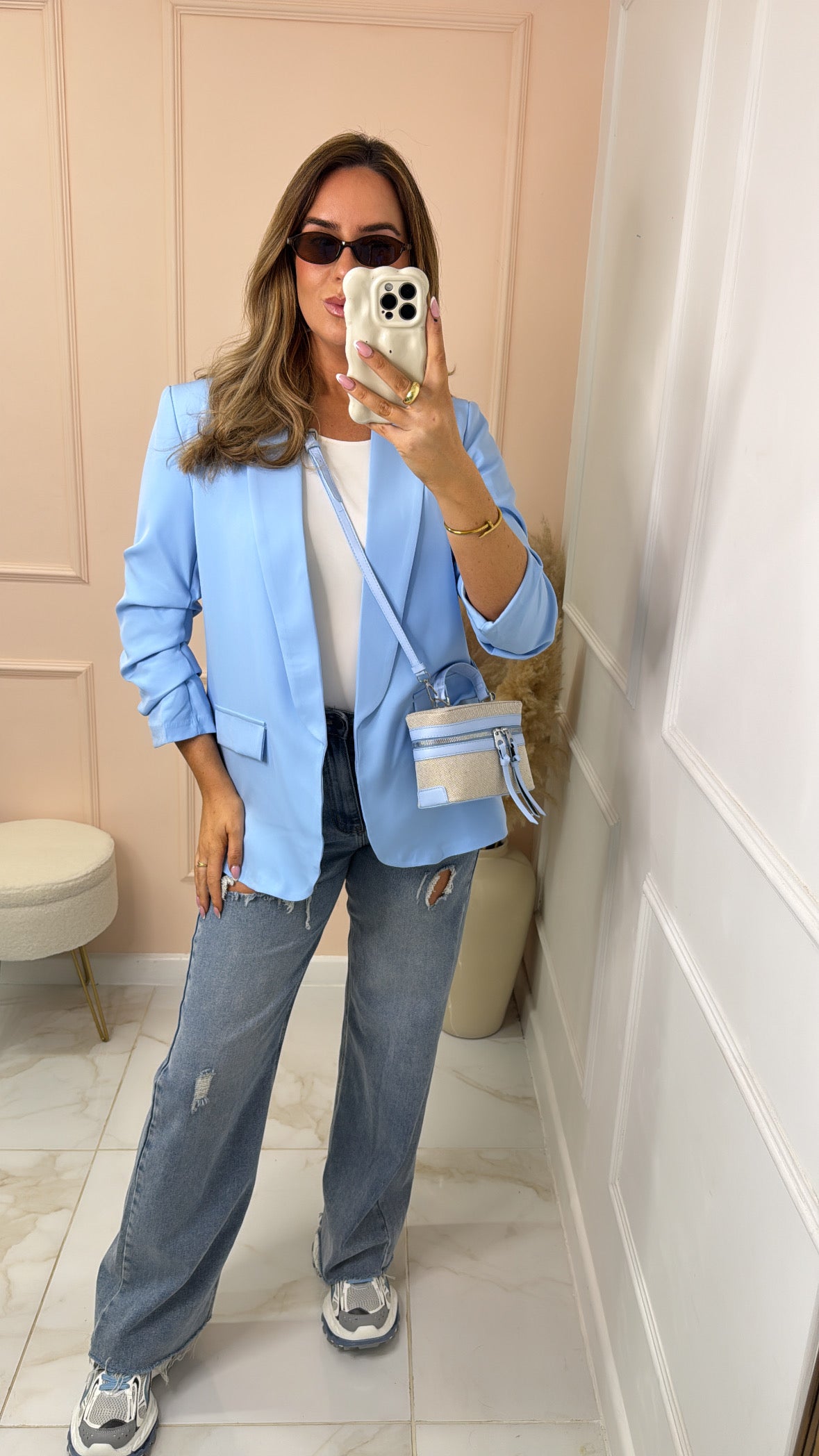 CAMILLA powder blue ruched sleeve blazer