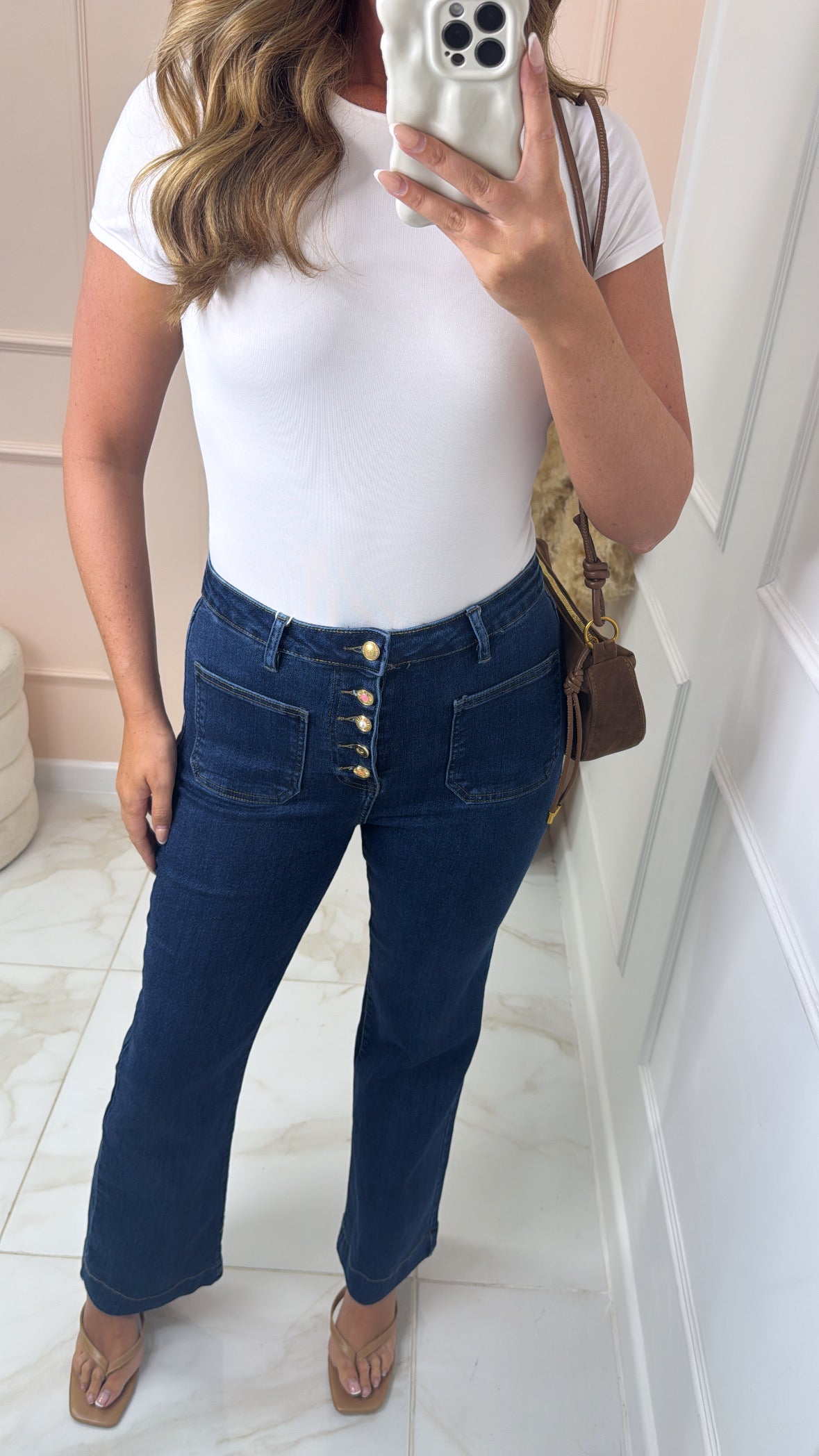 ELLIE dark wash button detail wide leg jeans