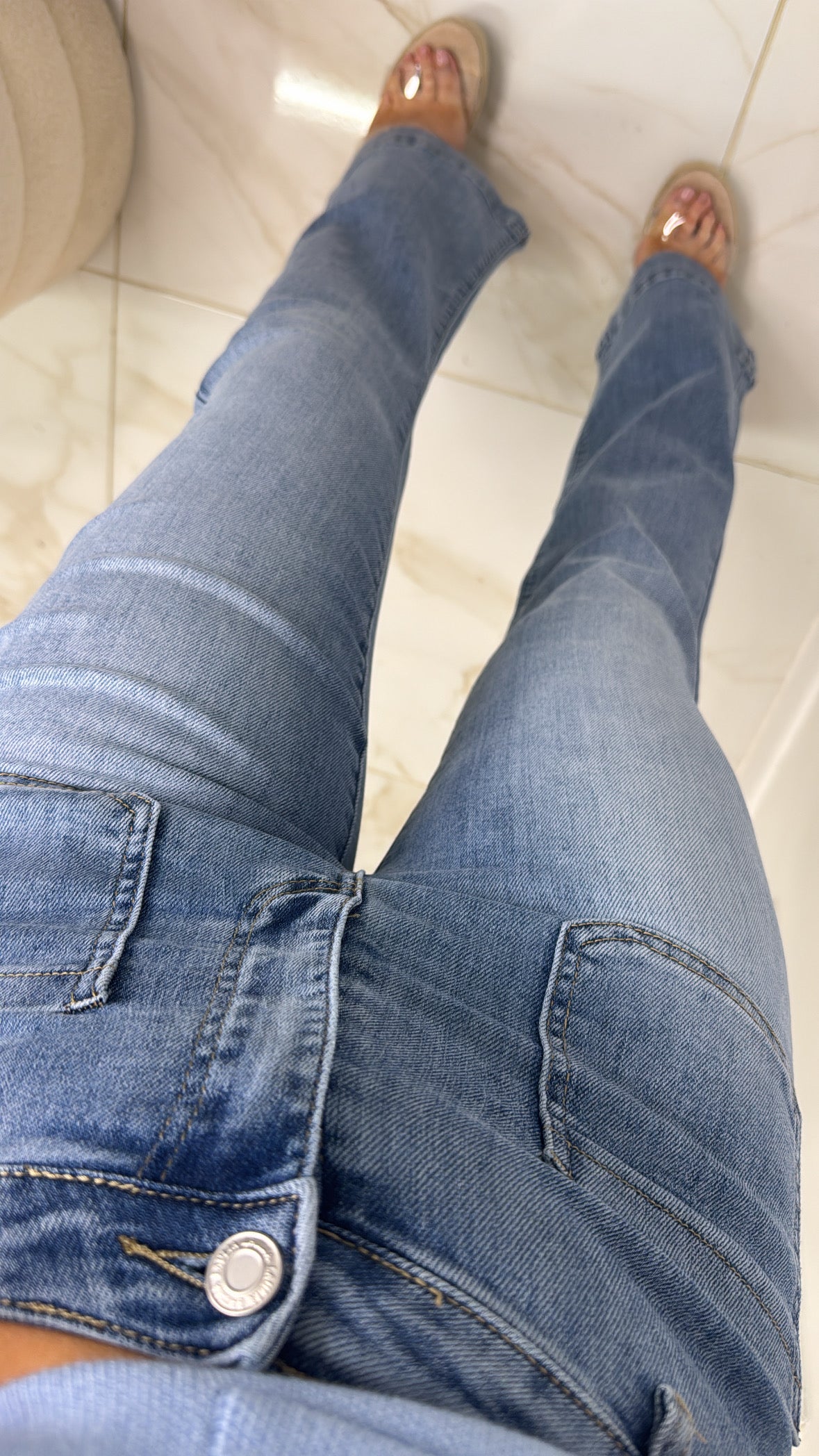 BEKI mid wash pocket detail flare jeans