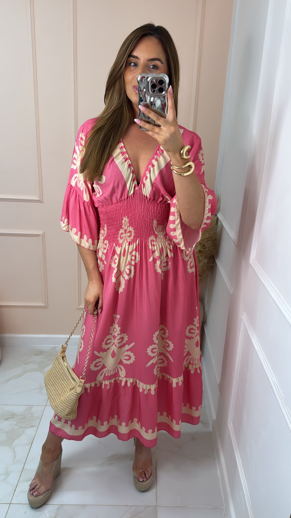 ELLIE pink printed shirred magic dress