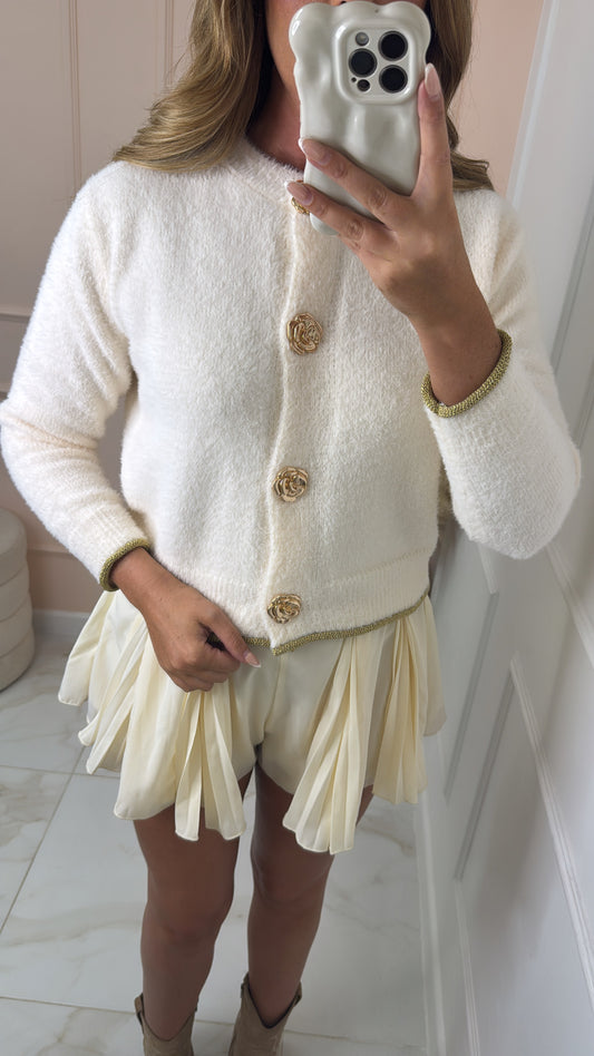SADIE cream rose button metallic trim cardigan