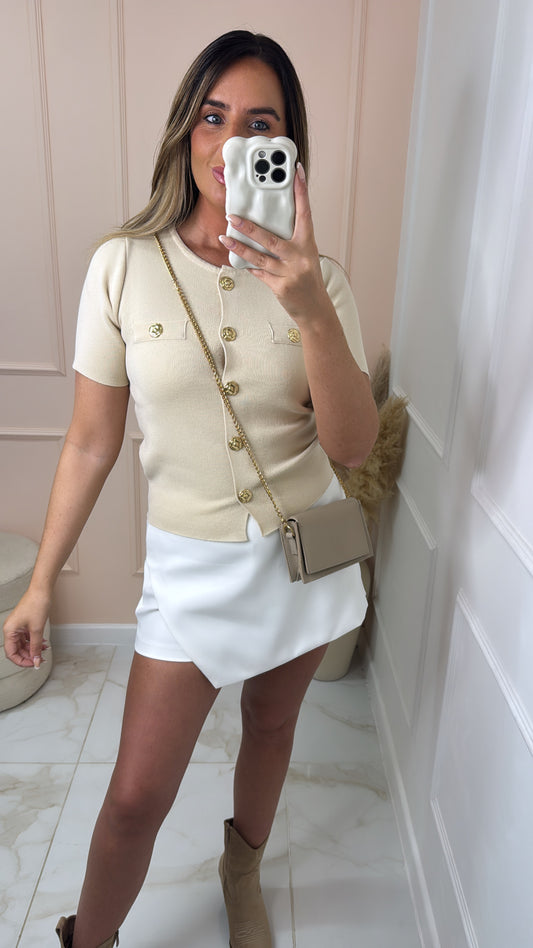 RHI beige fine knit military button top