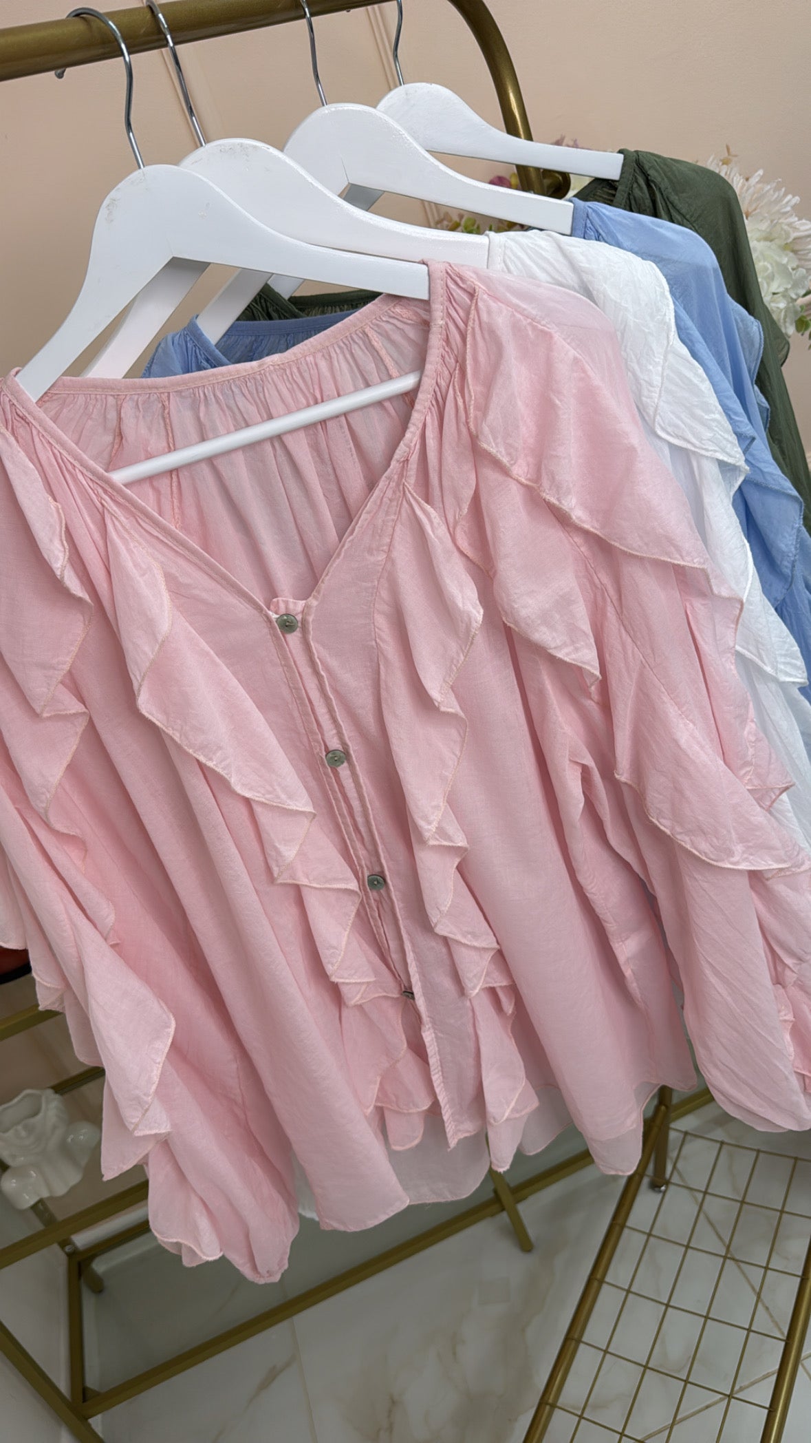 LUCIA pink linen ruffle blouse