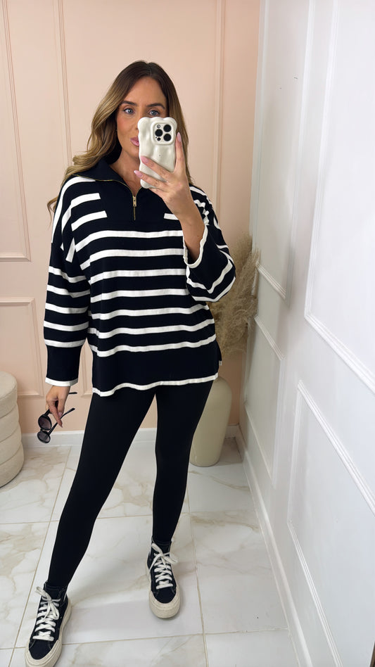 MAEVE black stripe knit half zip sweatshirt