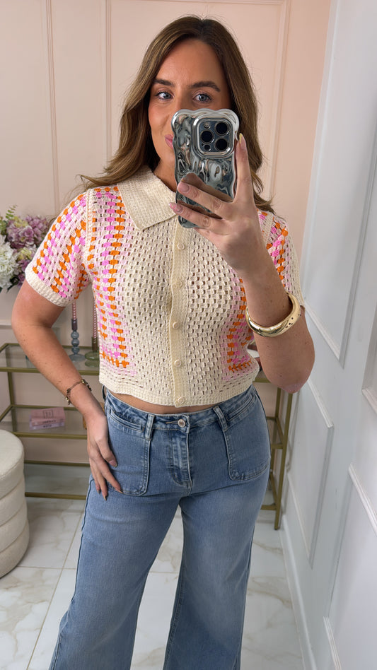 BREA cream & pink crochet cardigan