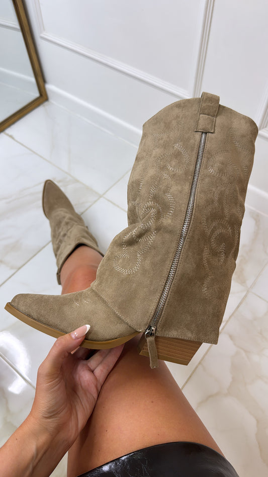ROCHELLE taupe foldover mid calf cowboy boots