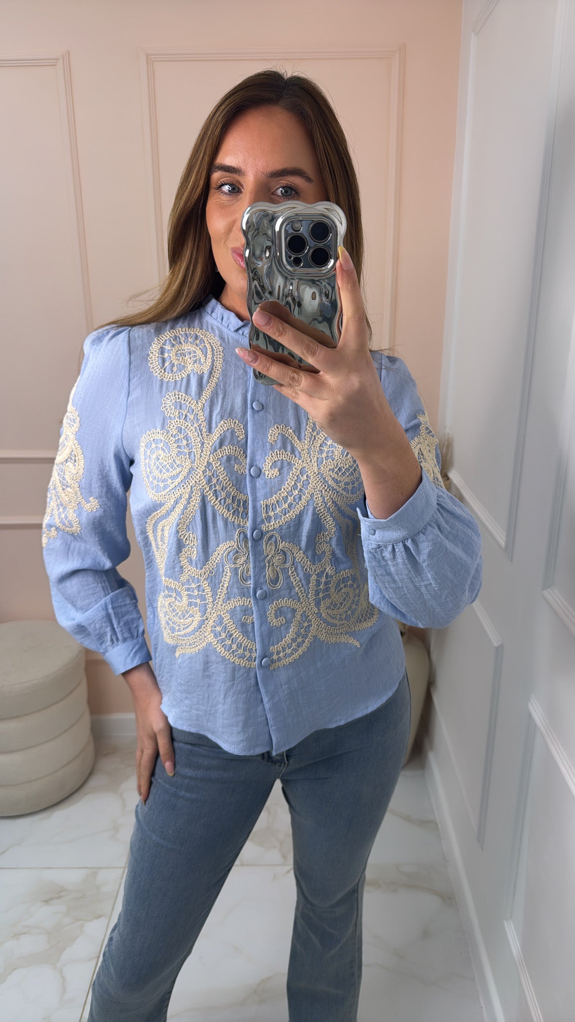 BRIELLE powder blue embroidered shirt