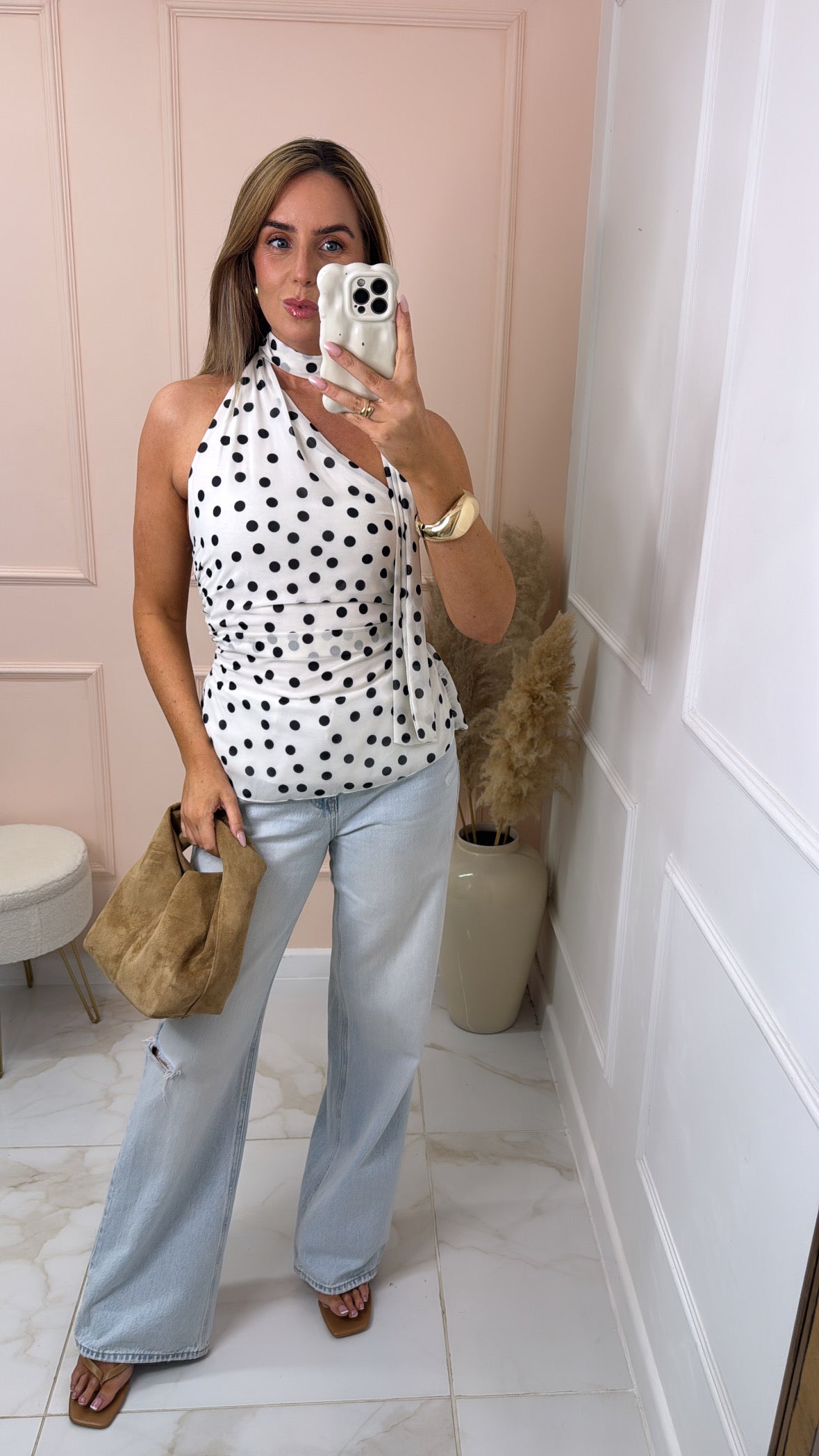 MABEL white black polka dot halter neck top