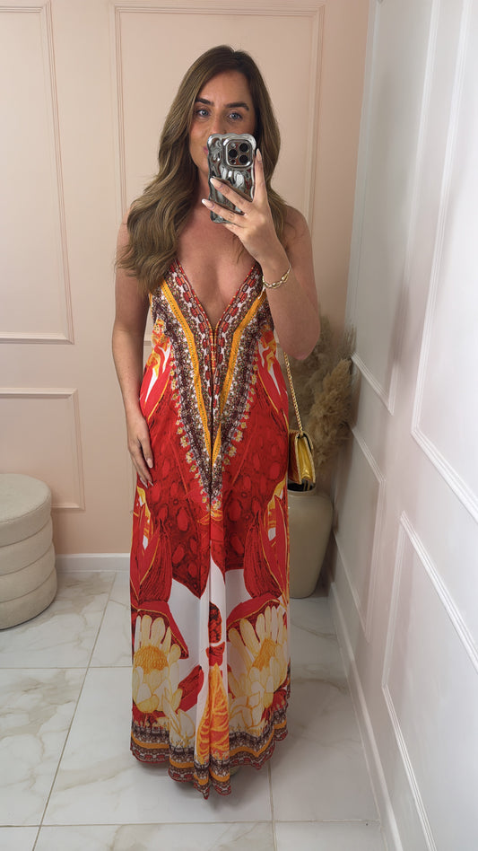 CHRISSIE red printed halter neck maxi dress