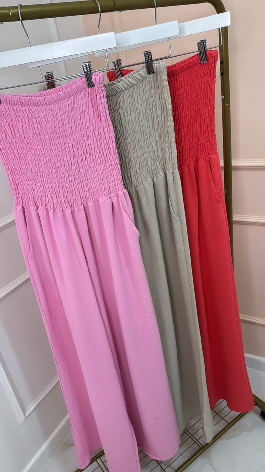 LIBBY pink shirred floaty bandeau jumpsuit