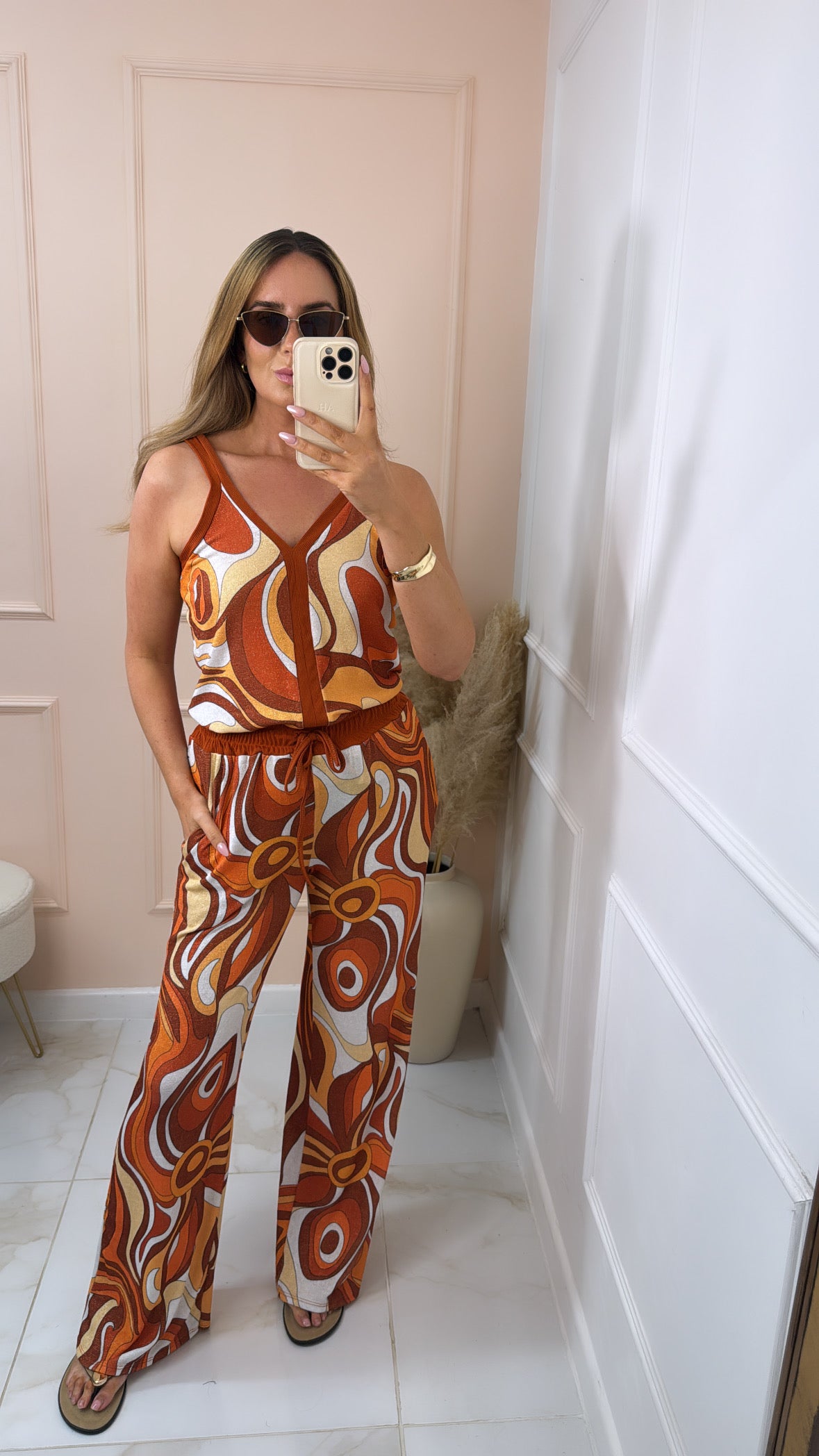 MERCI orange swirl print shimmer trouser set