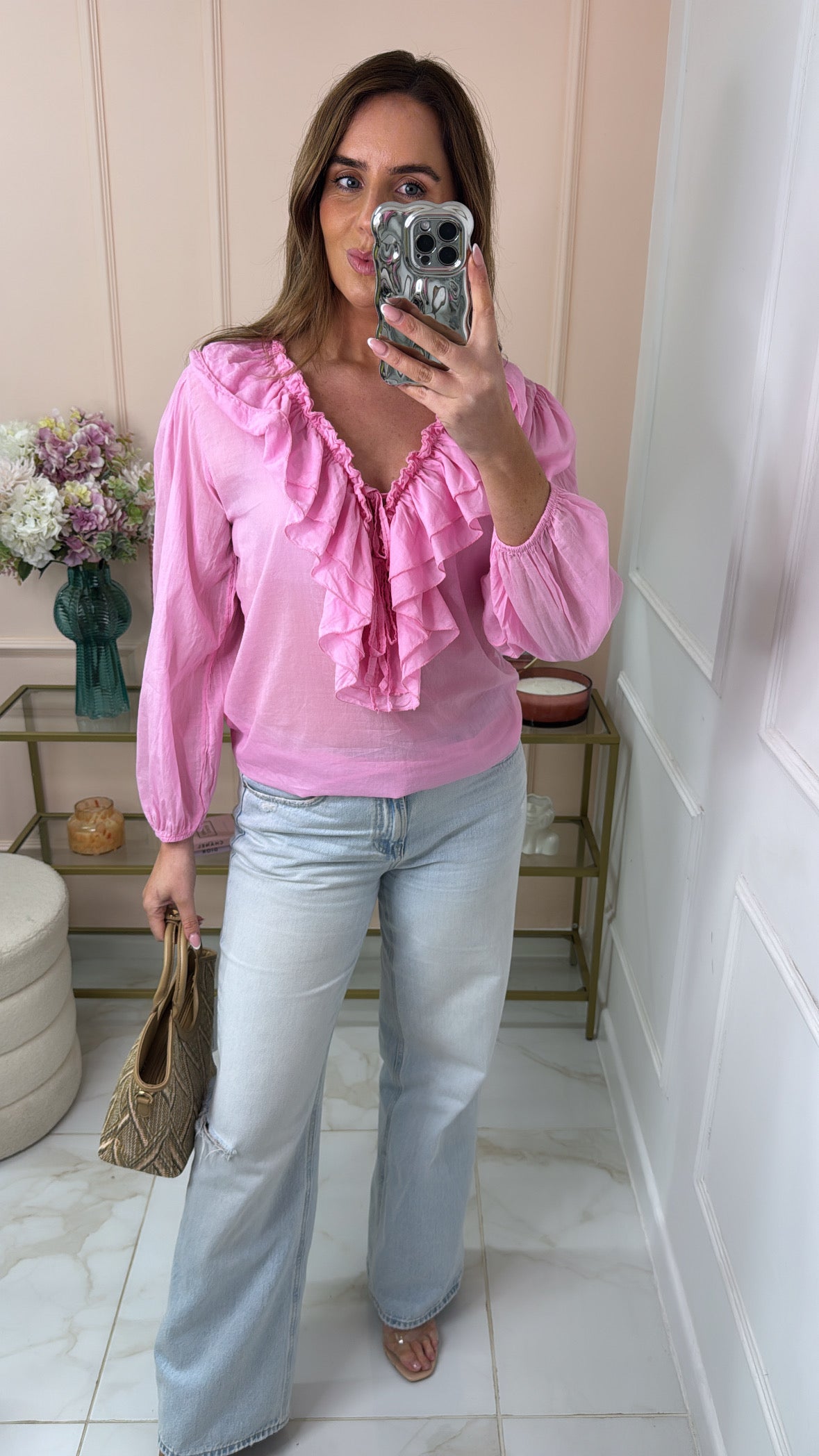 ALORA pink ruffle cotton blouse