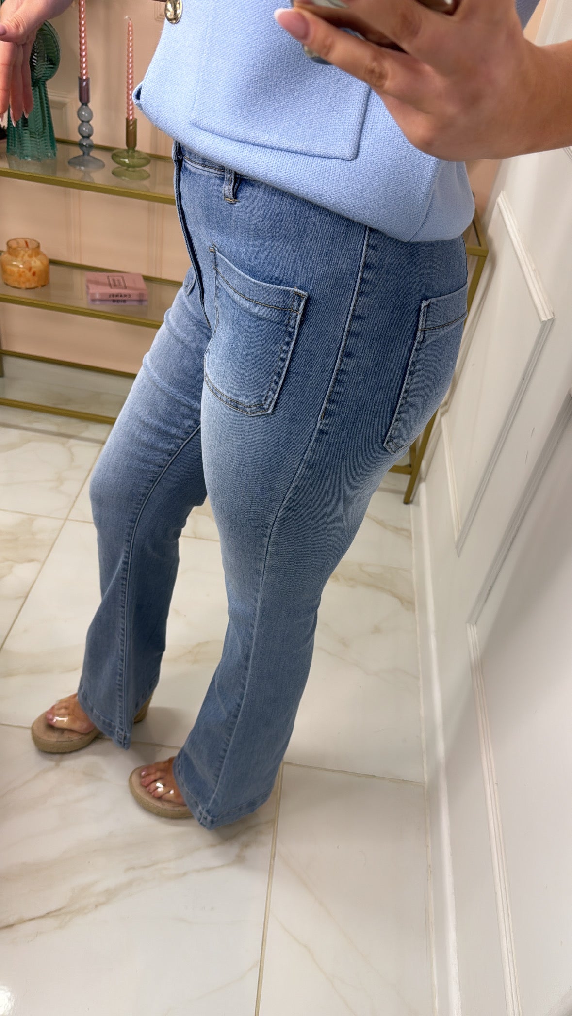 BEKI mid wash pocket detail flare jeans