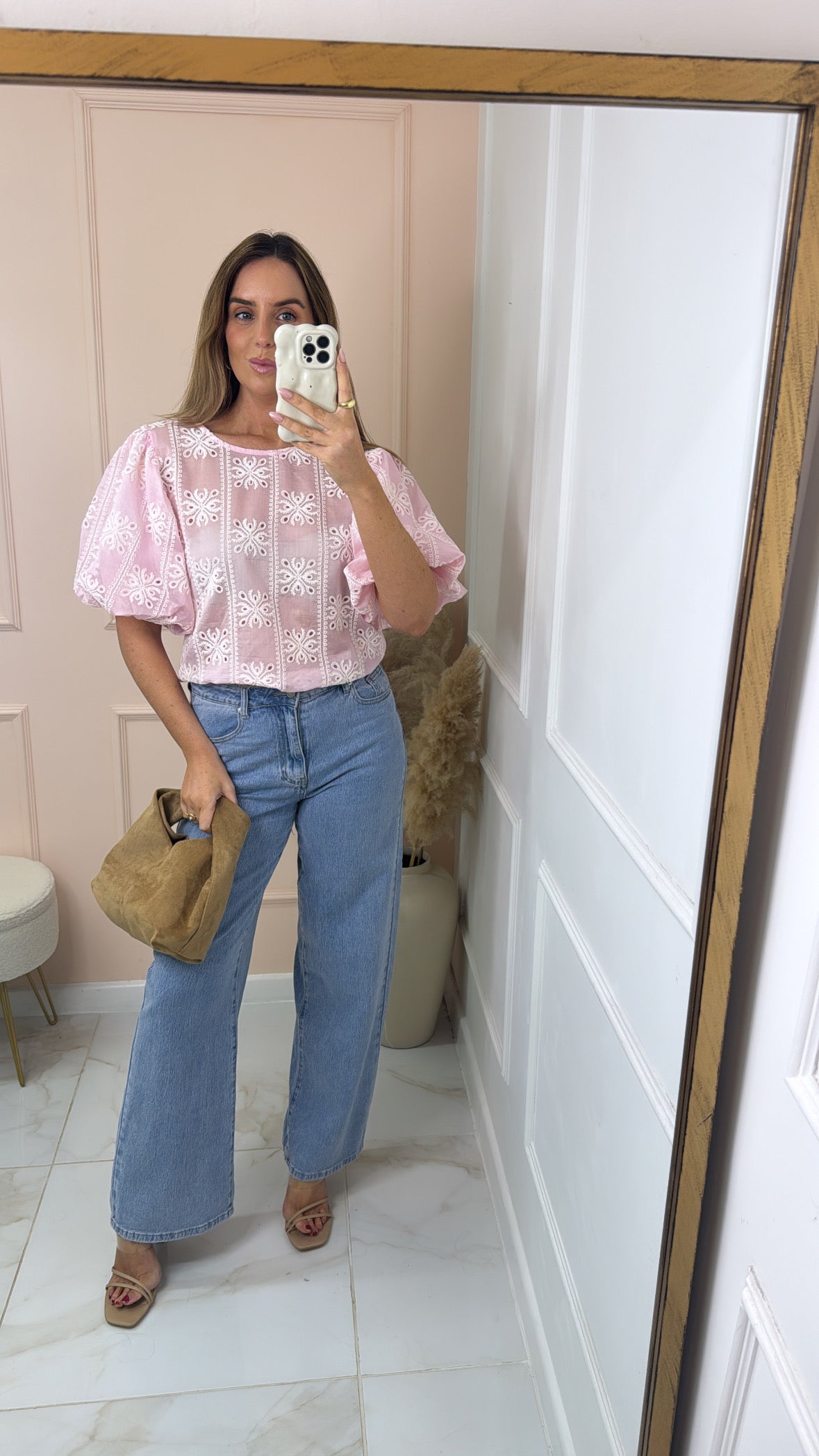 JONIE pink embroidered puff sleeve top