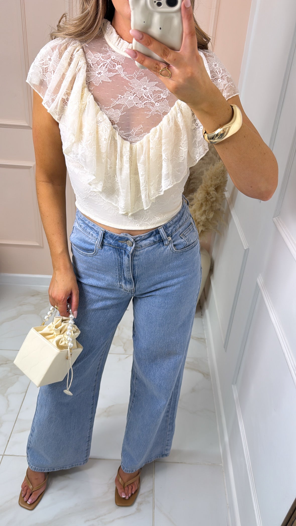 KAYLEE cream lace frill detail top