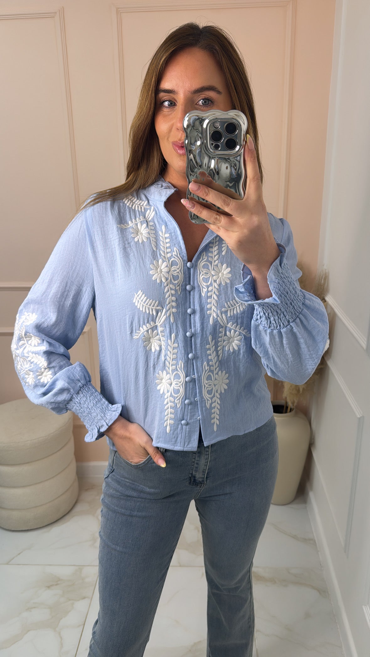 FREYA powder blue button embroidered shirt