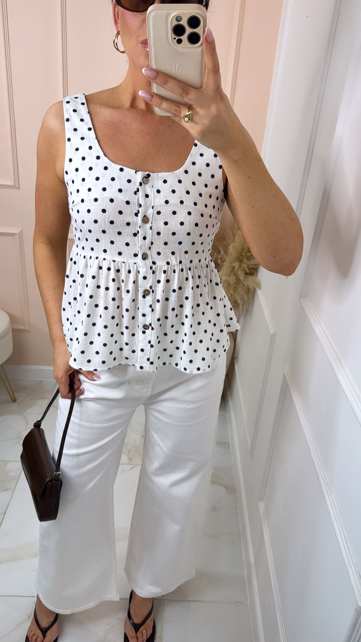 MARNIE white navy polka dot top