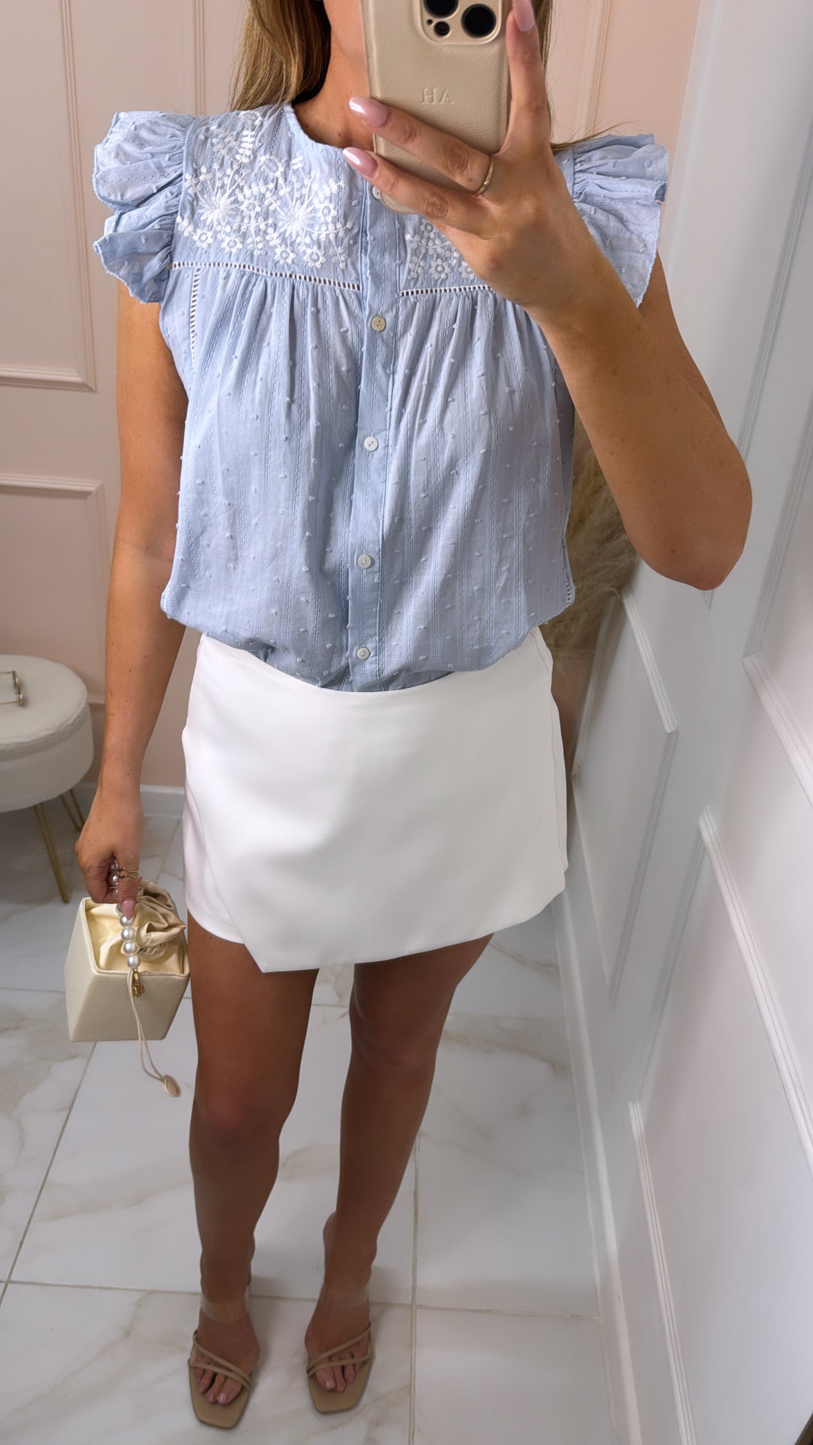 LILLIAN blue embroidered frill blouse
