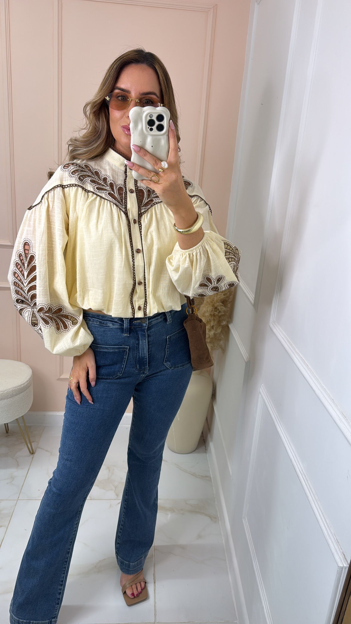 ANNA lemon embroidered puff sleeve blouse