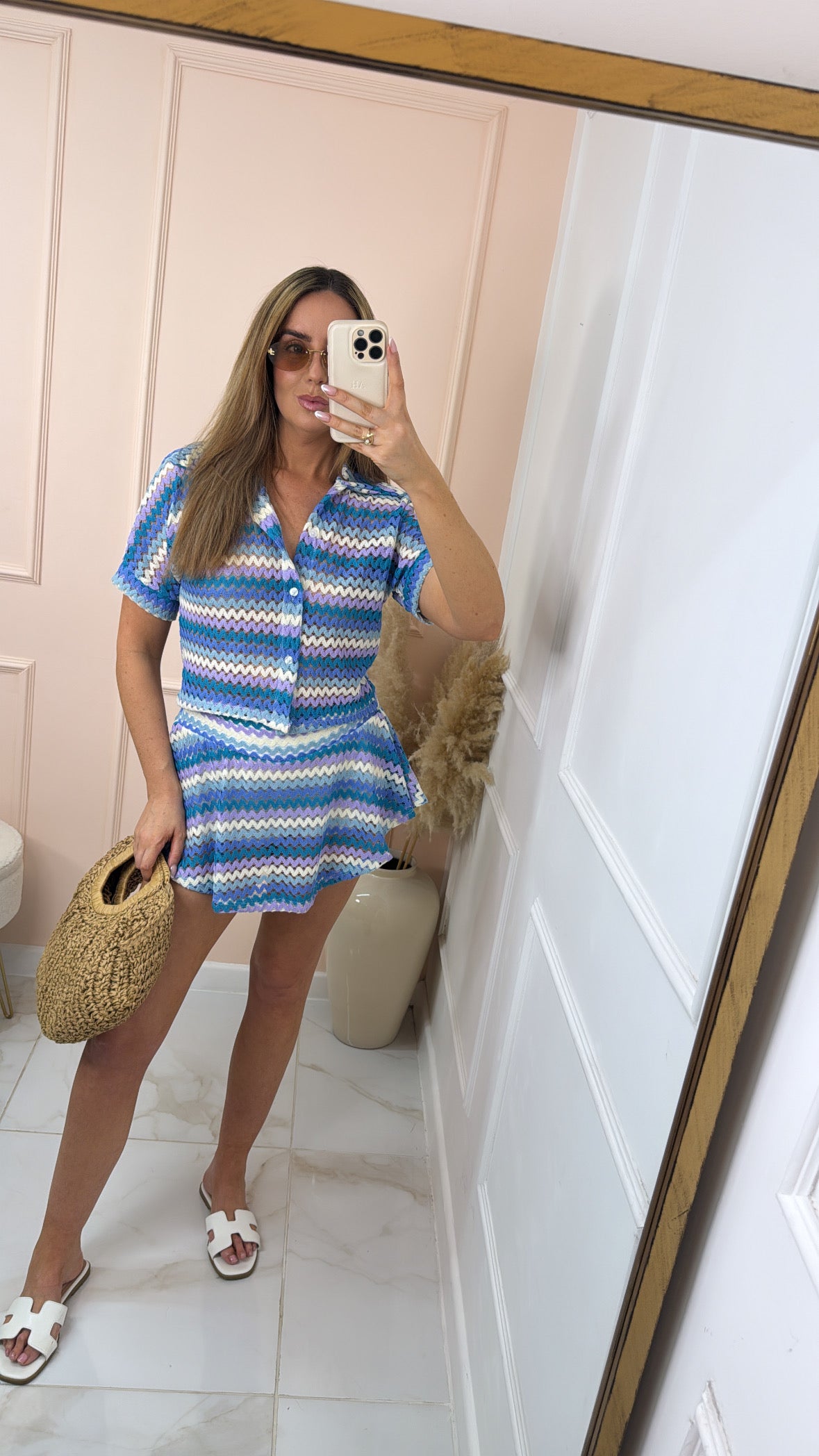 HATTIE blue multi zig zag collared skort set
