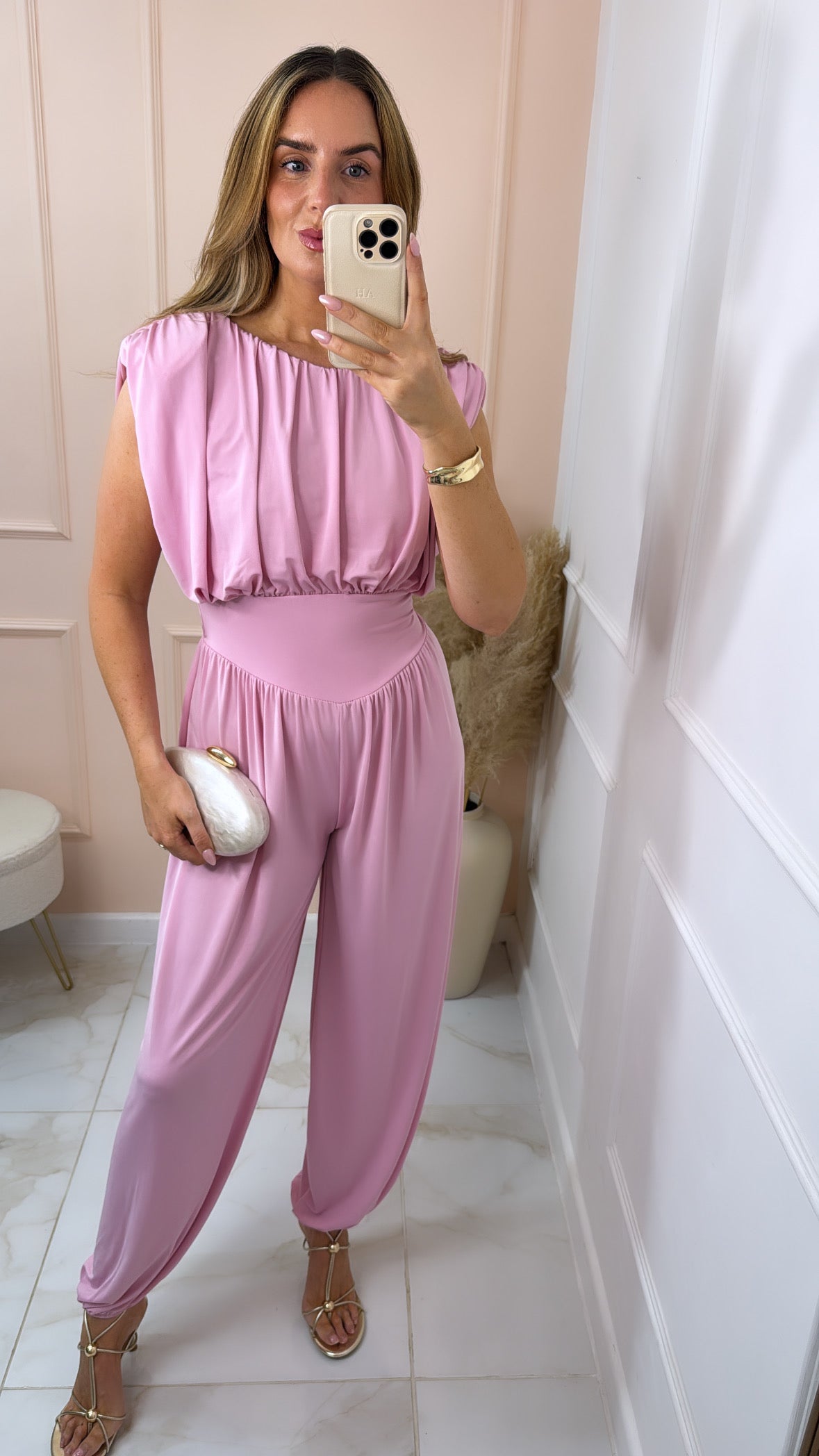 LUCY pink shoulder pad jumpsuit