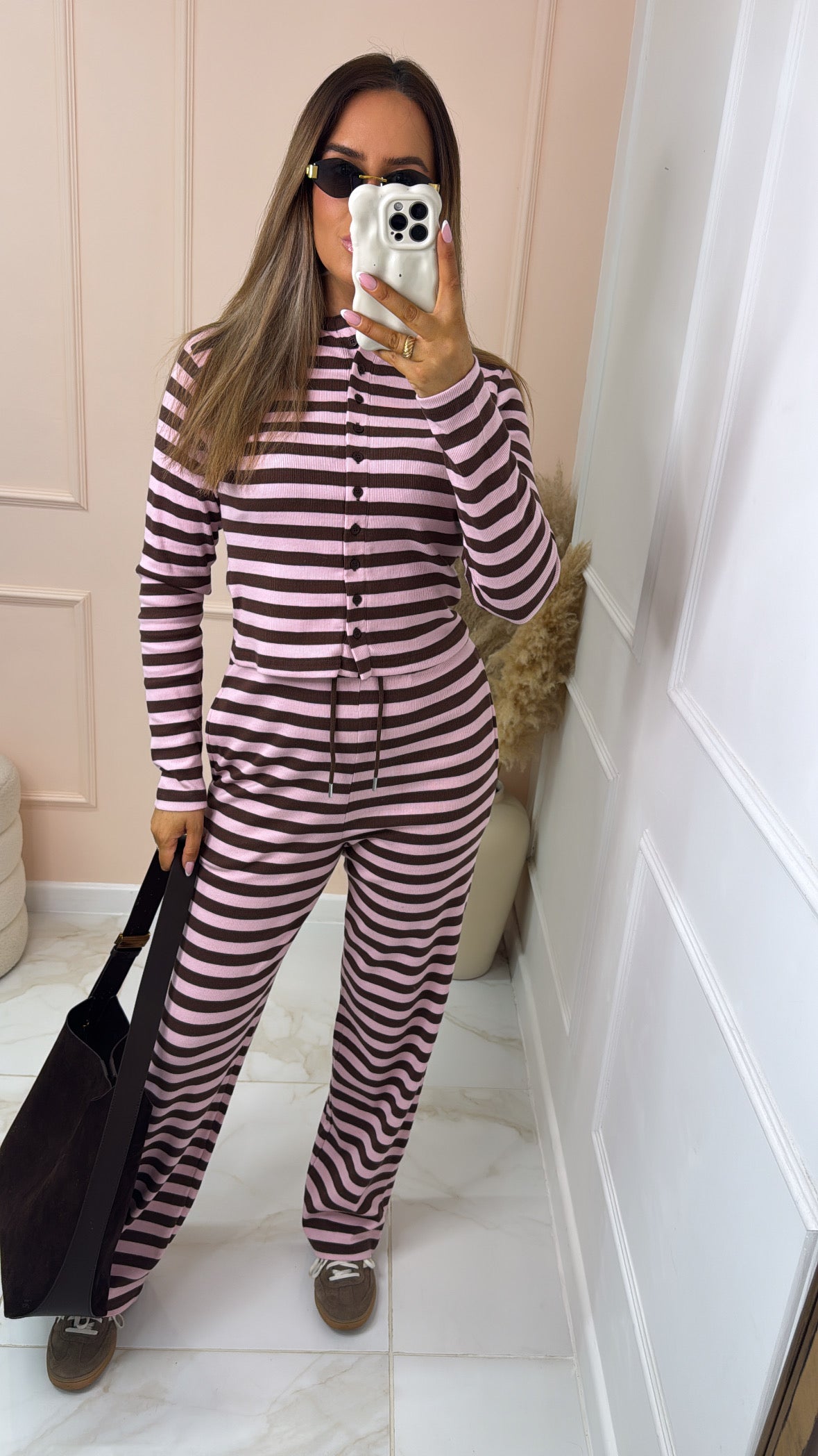 ISLA pink & brown stripe button lounge set