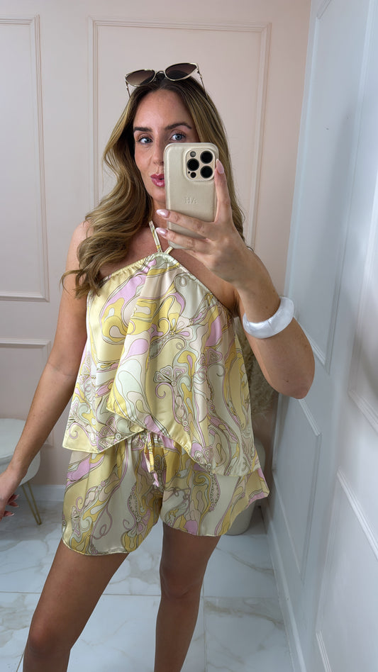 AMORE lemon satin halter neck short set