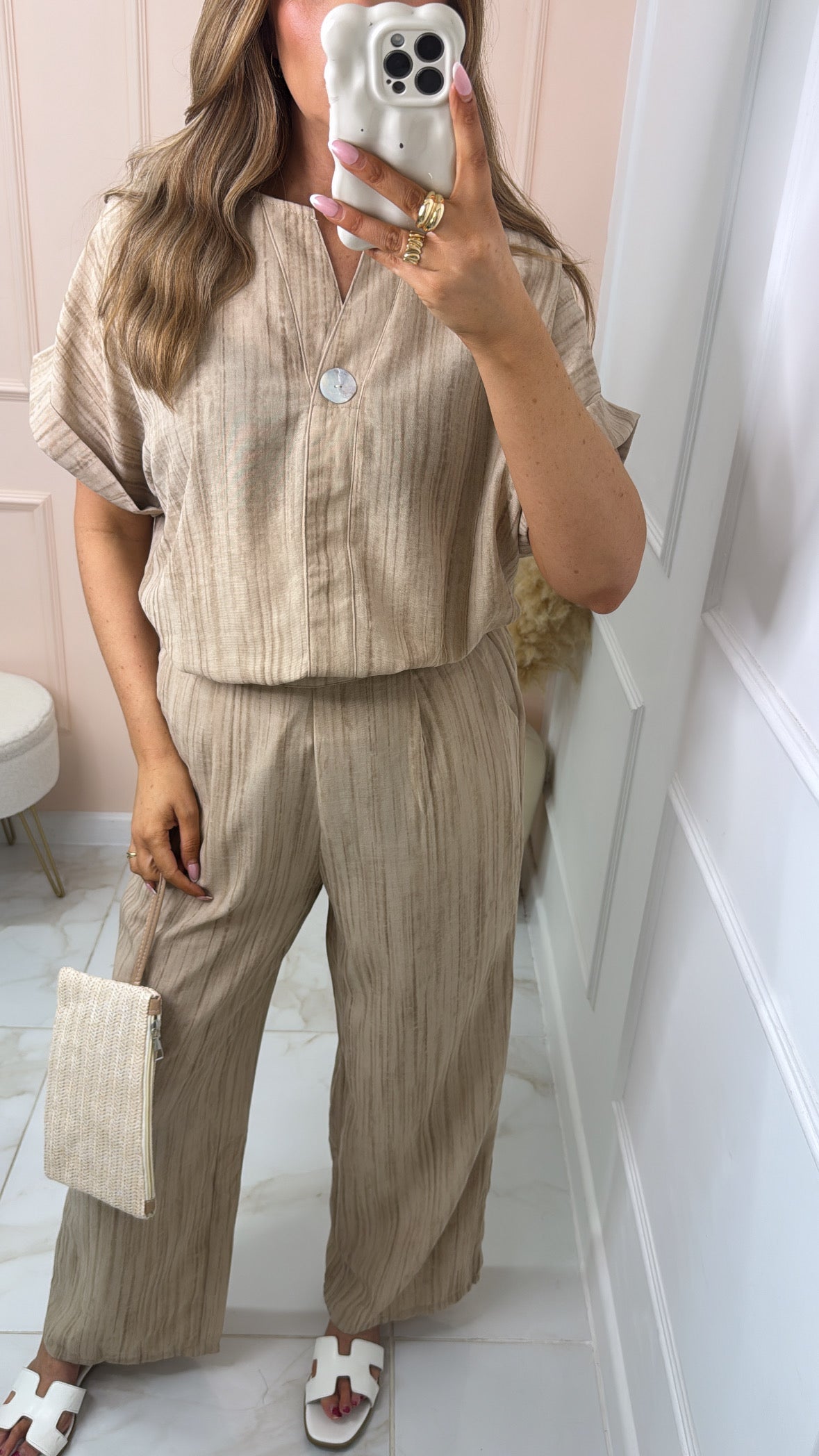 EMILY taupe tie dye button detail trouser set