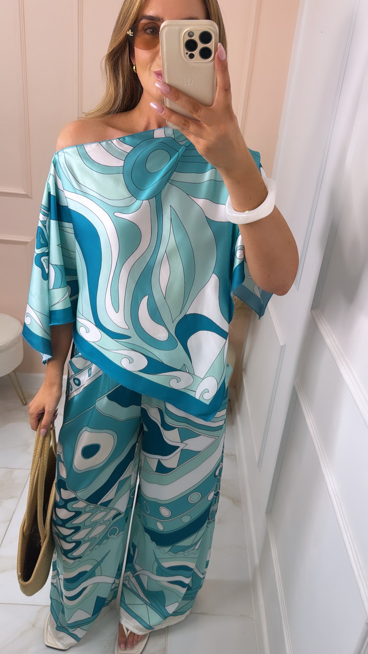 DARCY turquoise swirl satin trouser set