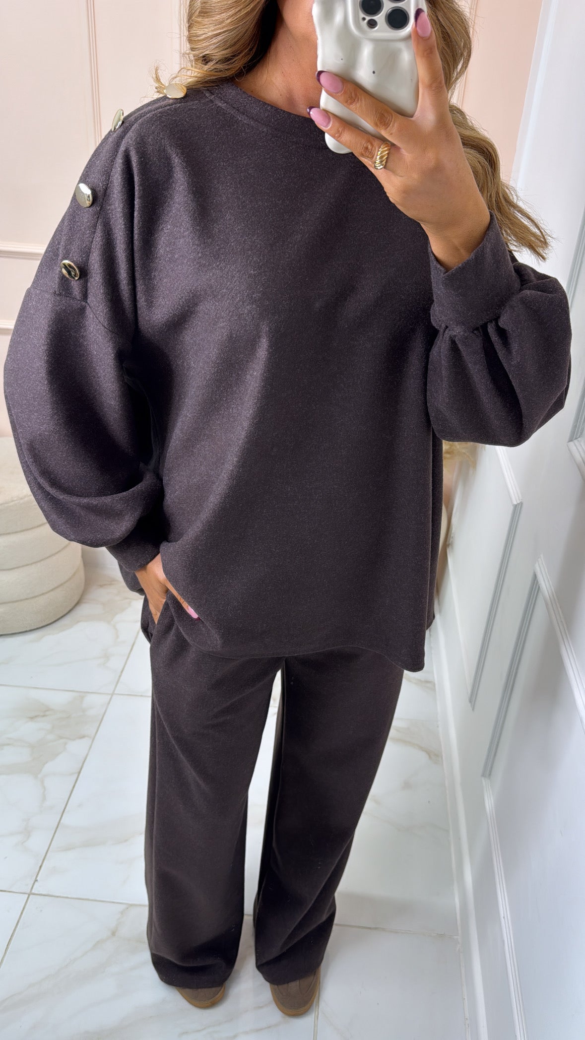 PENNY brown gold button detail lounge set