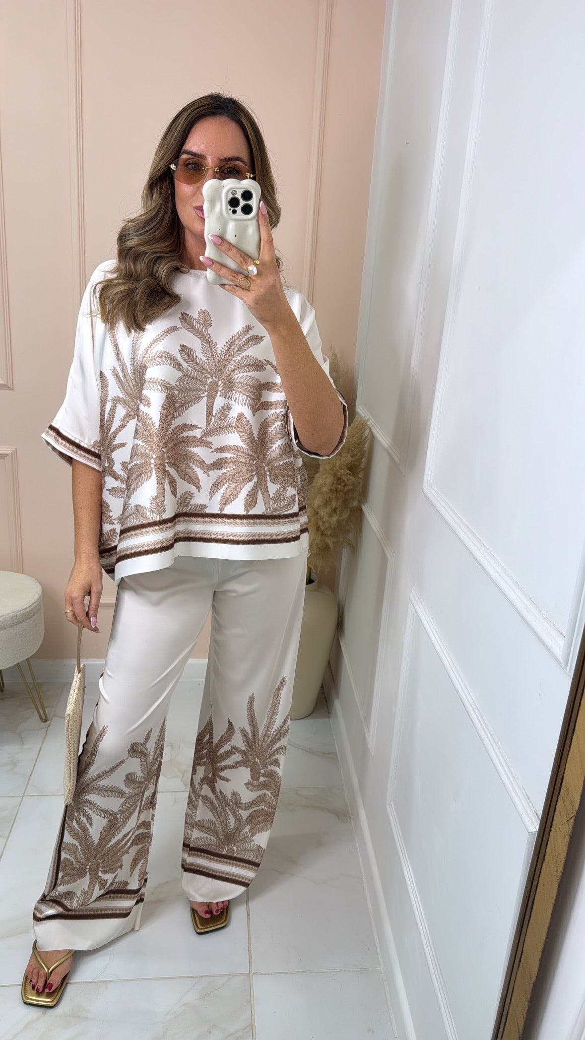MILLIE beige palm print silky trouser set