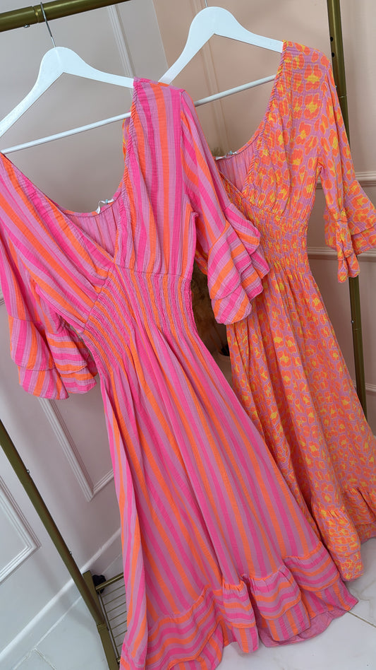 GRACIE pink stripe frill sleeve maxi dress