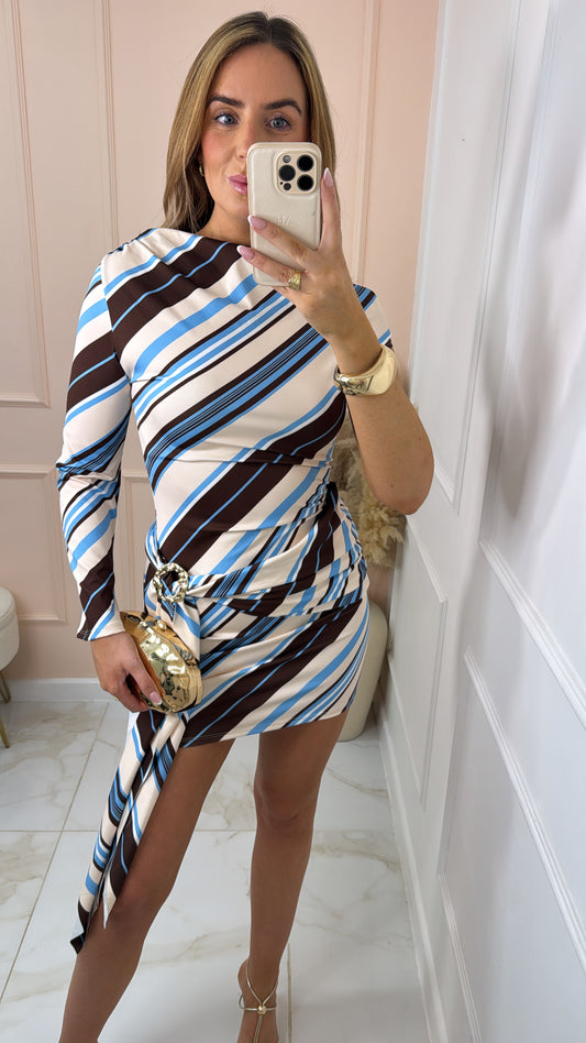HAILEY blue and brown striped asymmetric dress