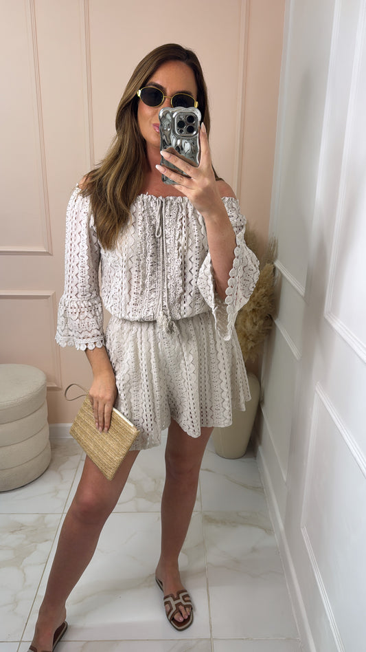 ANYA beige lace bardot playsuit
