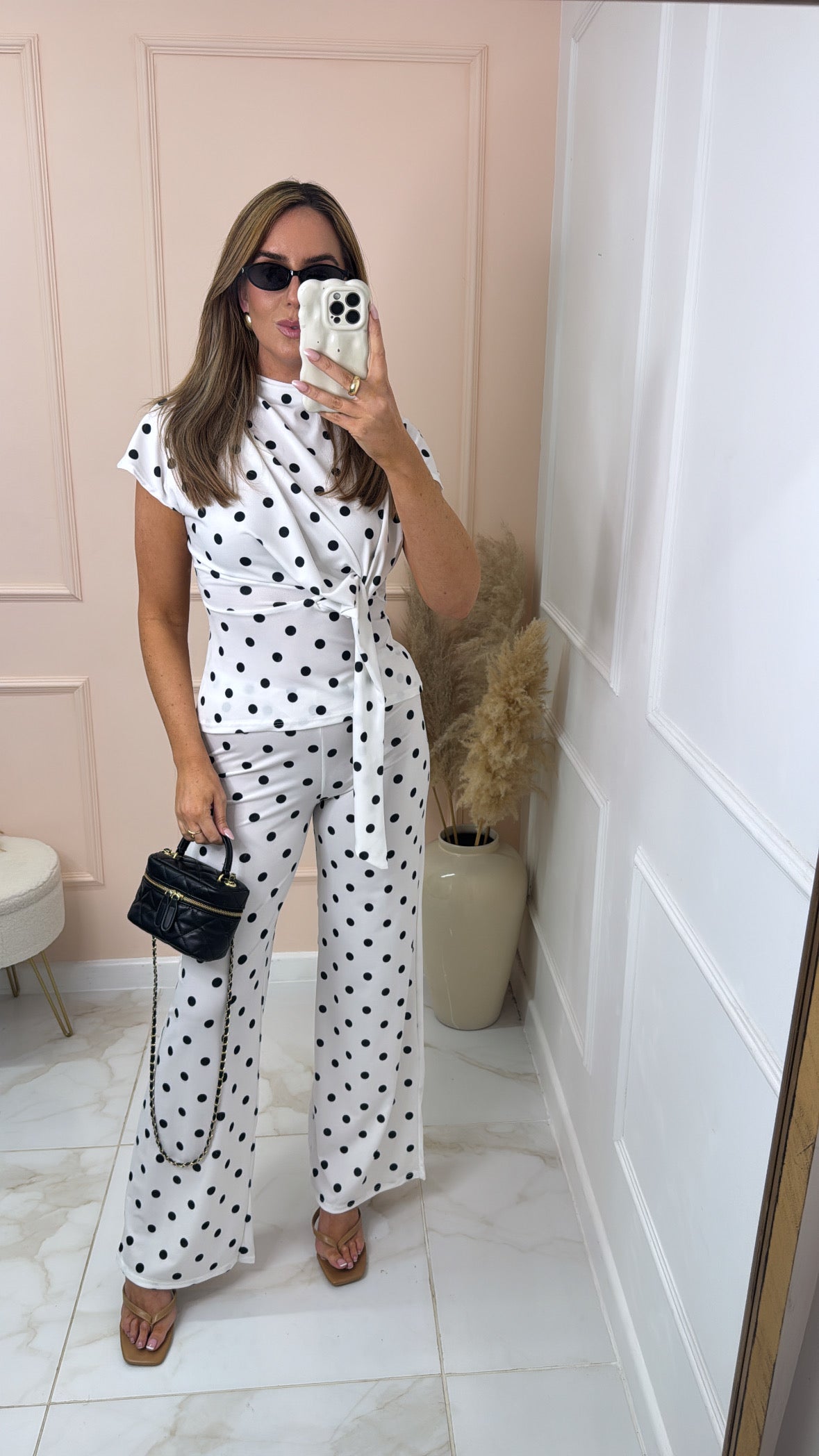 MINNIE white polka dot tie front trouser set