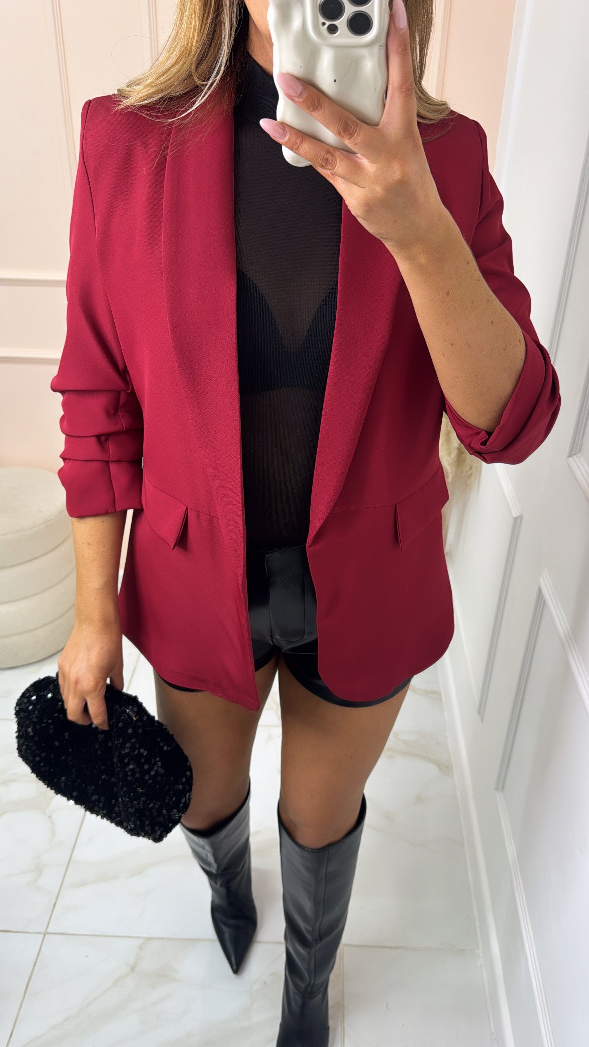 MABEL burgundy ruched sleeve blazer