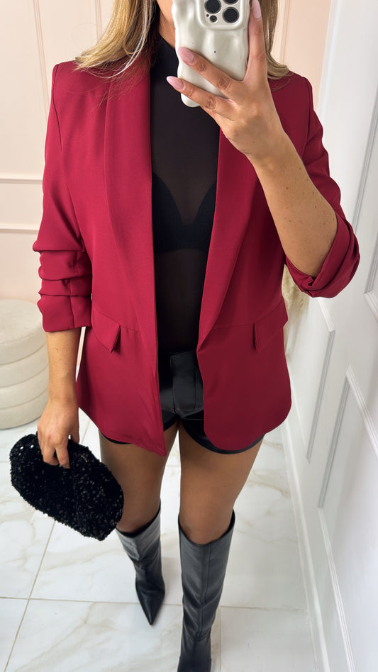 MABEL burgundy ruched sleeve blazer