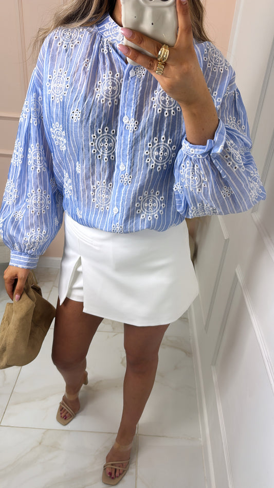MABEL blue pinstripe broderie blouse