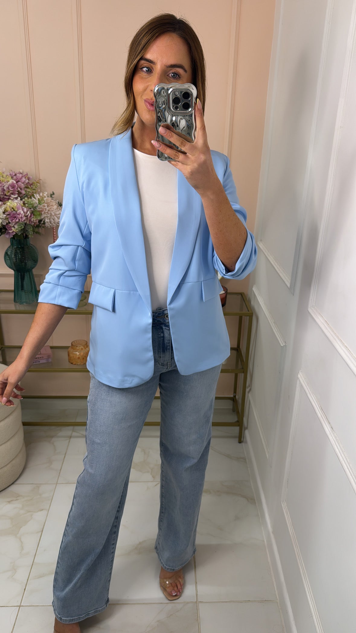 MAISIE powder blue ruched sleeve blazer
