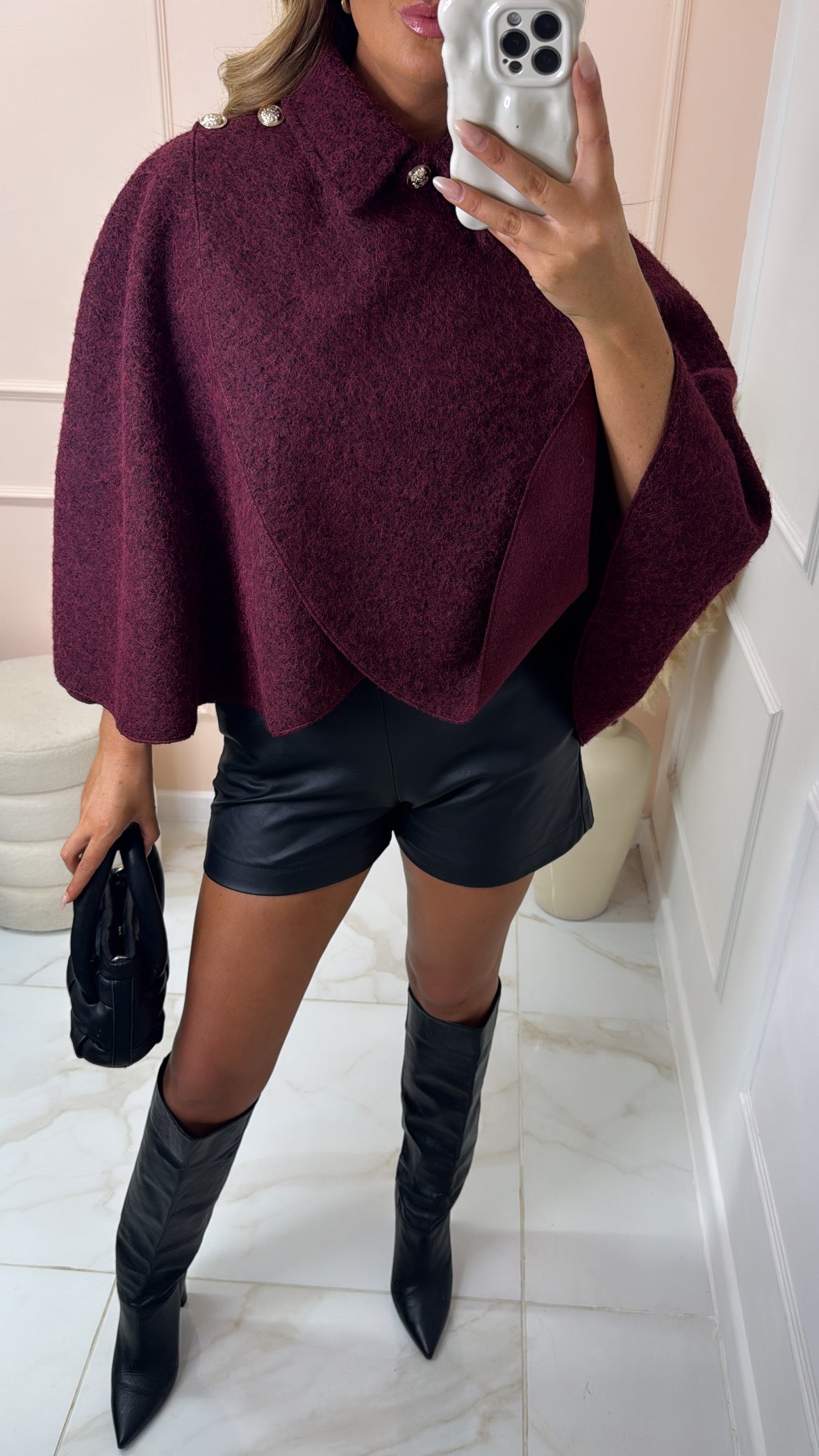 ESME burgundy gold button wrap cape