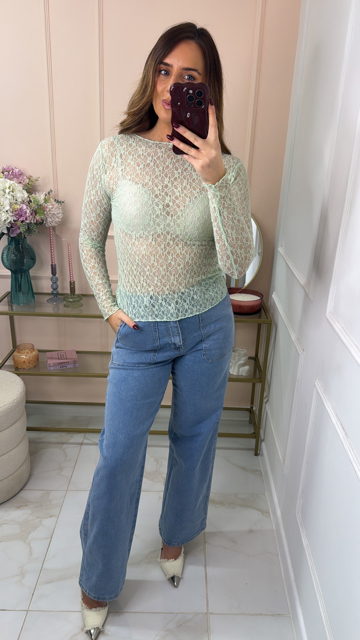 DARCY sage lace mesh top