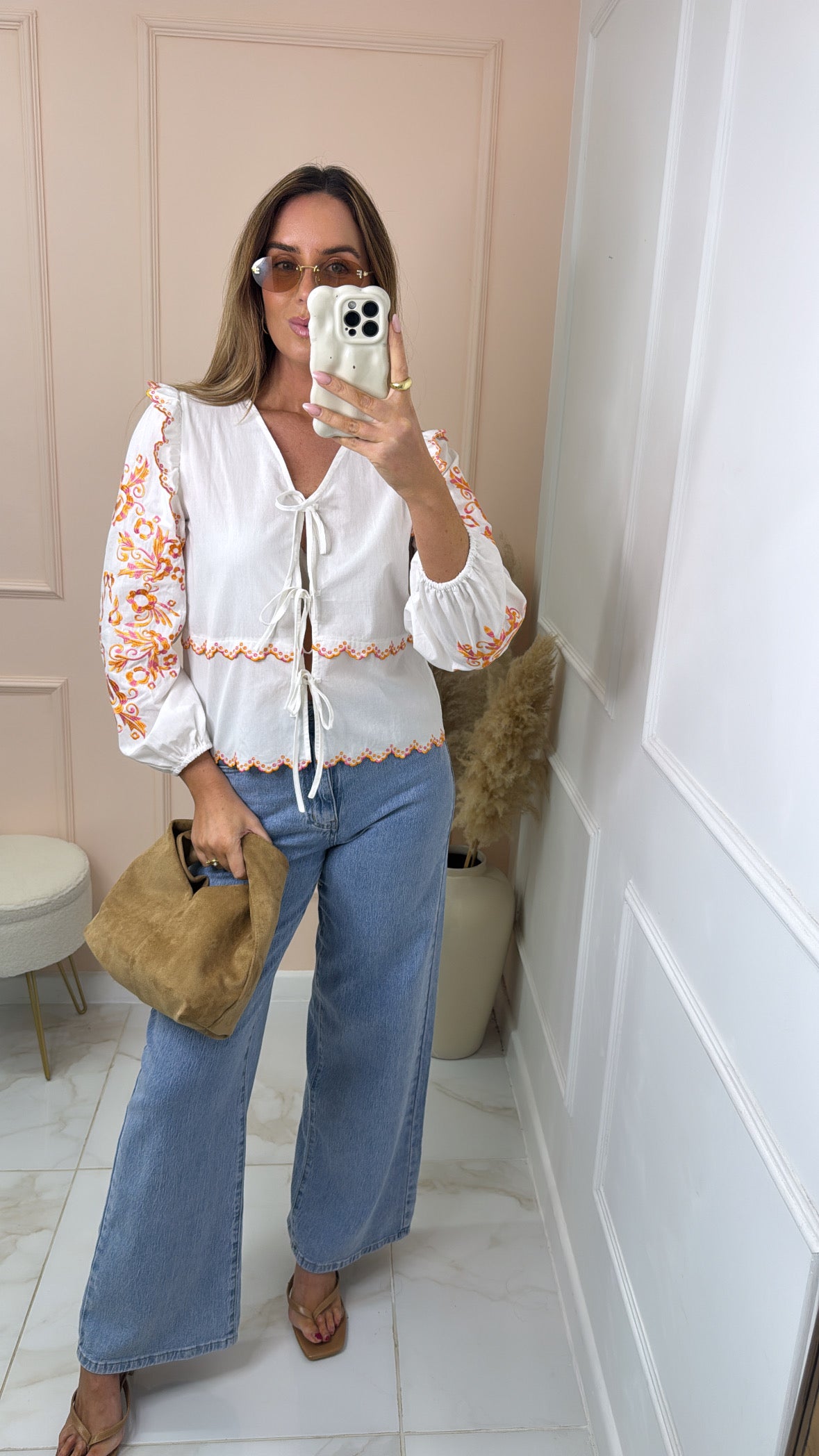 BETH white tie front embroidered top