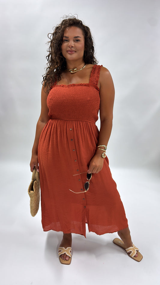 LAURA rust shirred maxi dress