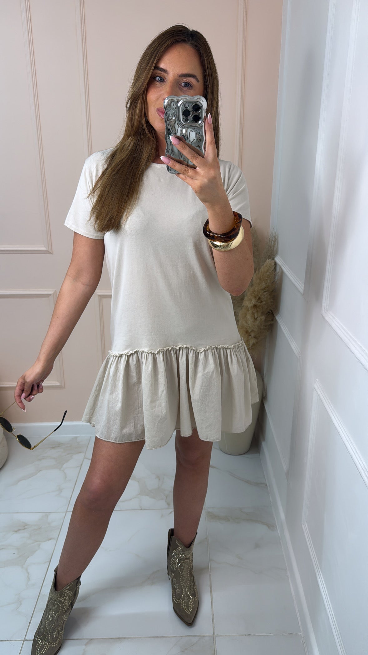 ISLA beige tiered frill tshirt dress