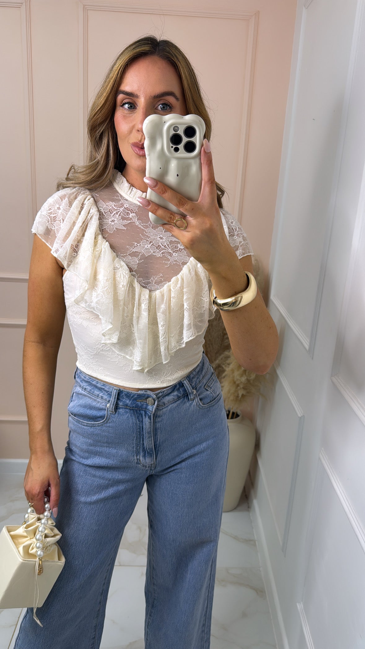 KAYLEE cream lace frill detail top
